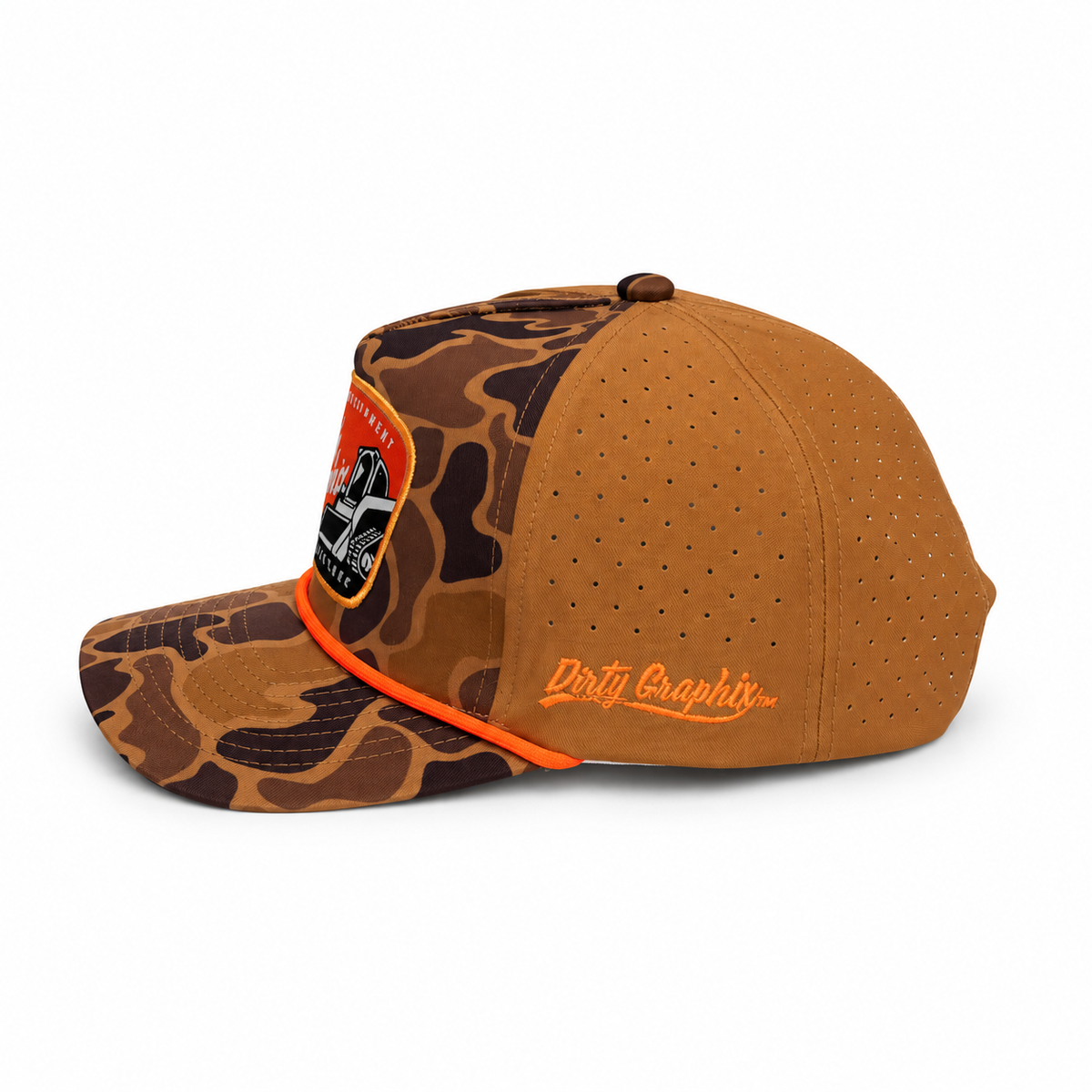 A brown and black camouflage baseball cap with a tan back, featuring a 'Dirty Graphix' logo on the side and an orange accent rope on the brim.