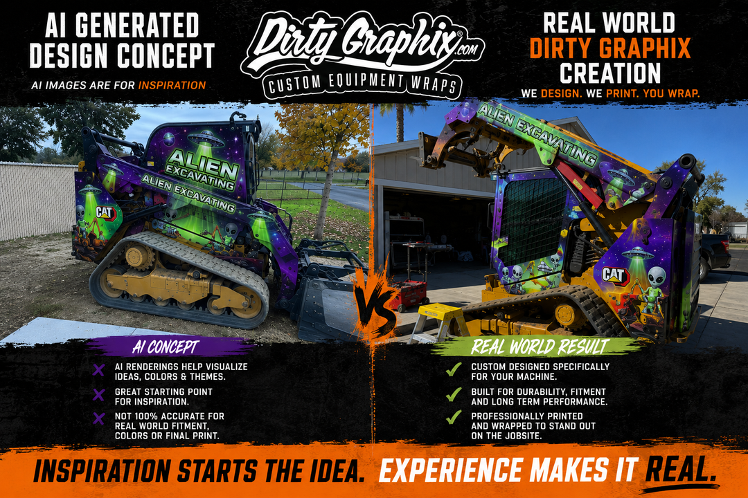 AI-generated heavy equipment wrap concept vs production-ready wrap file for skid steer and excavator wraps
