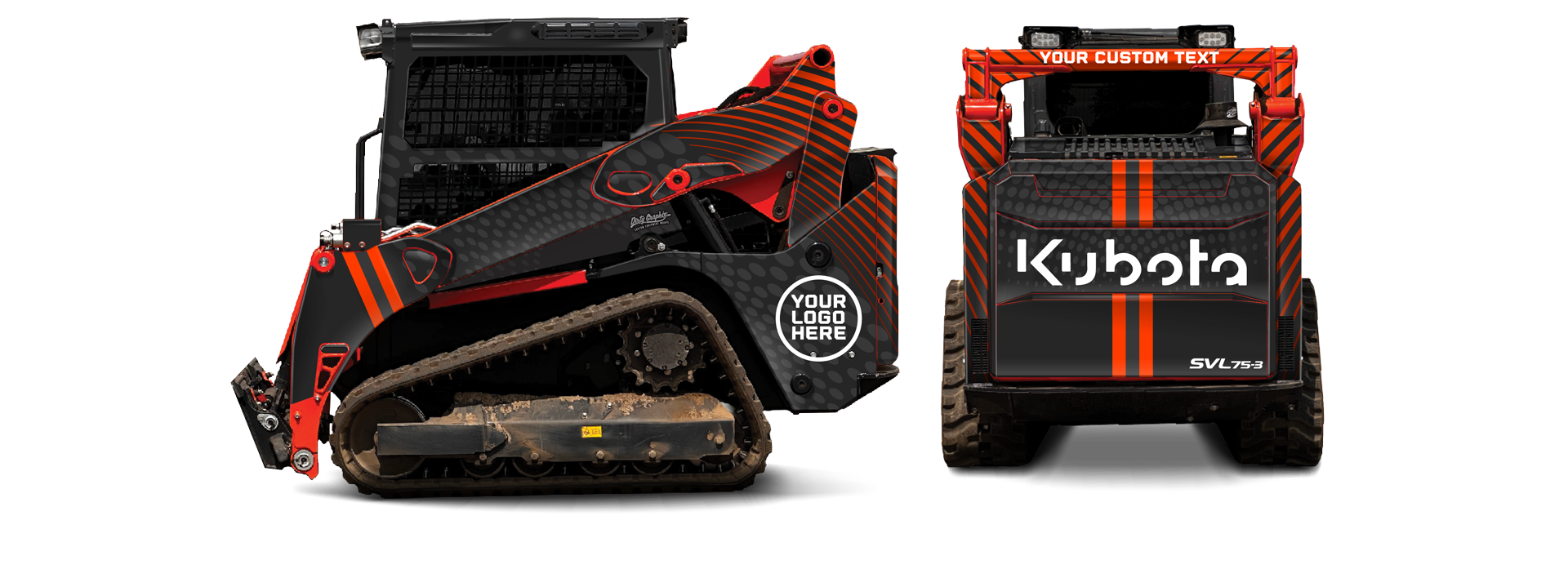 Side view of a Kubota track vehicle with branding and customization options.