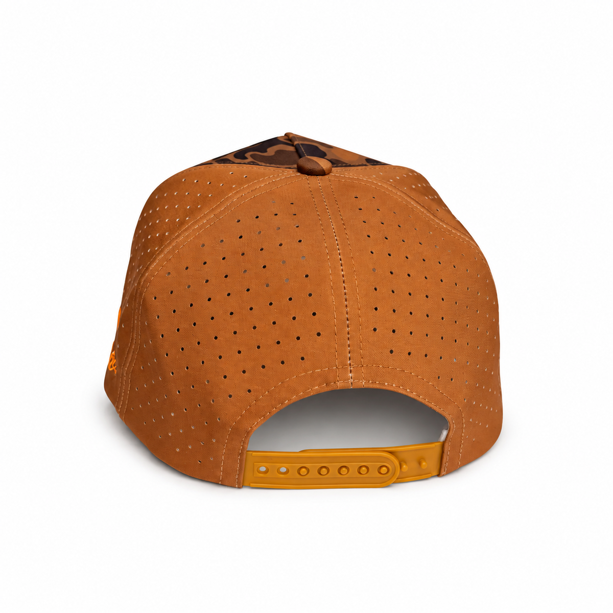 A rear view of a tan baseball cap with perforated back panels and tan snapback strap, shown on a white background.