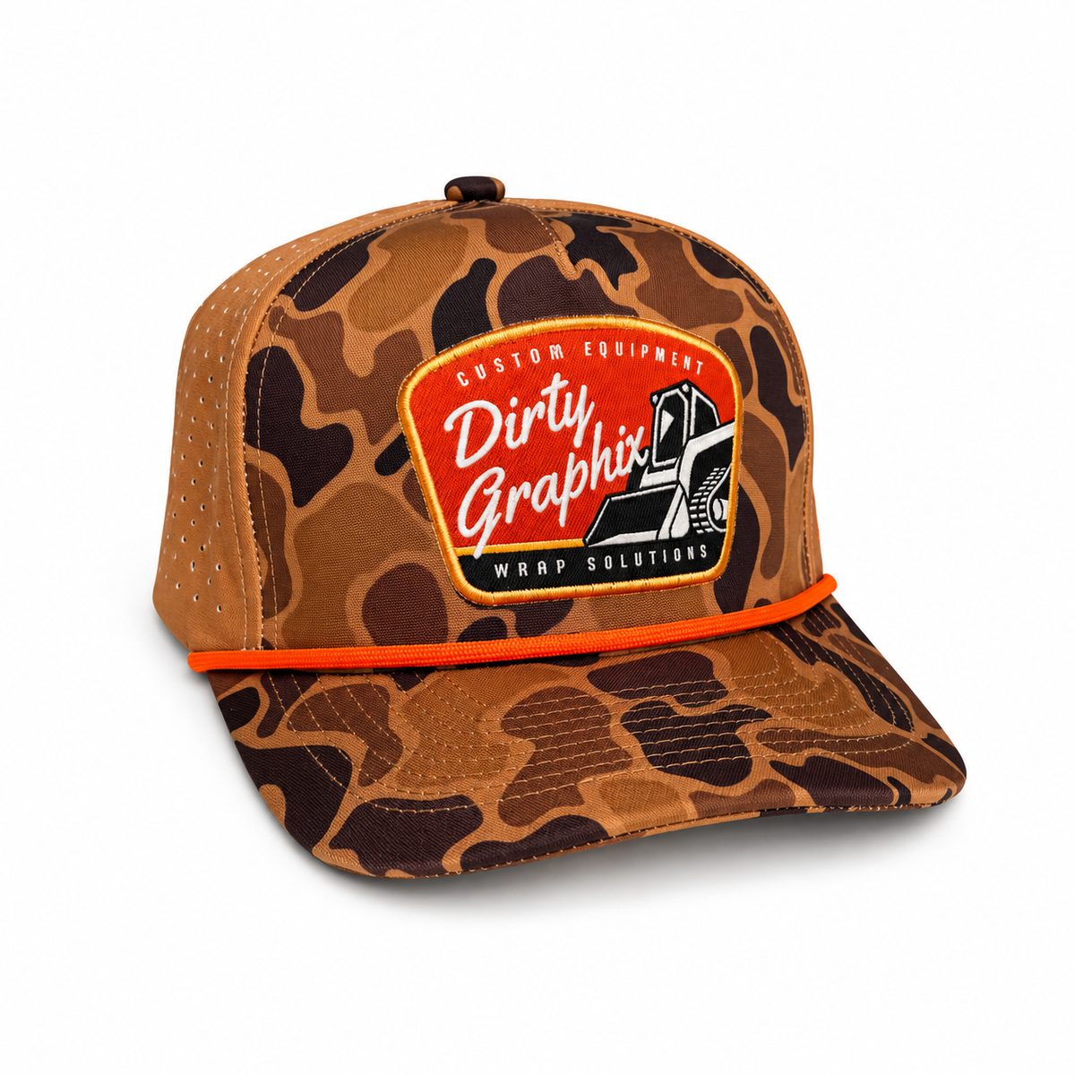 A brown camouflage trucker hat with a bright orange bill rope and a Dirty Graphix Wrap Solutions' patch on the front, shown on a white background.